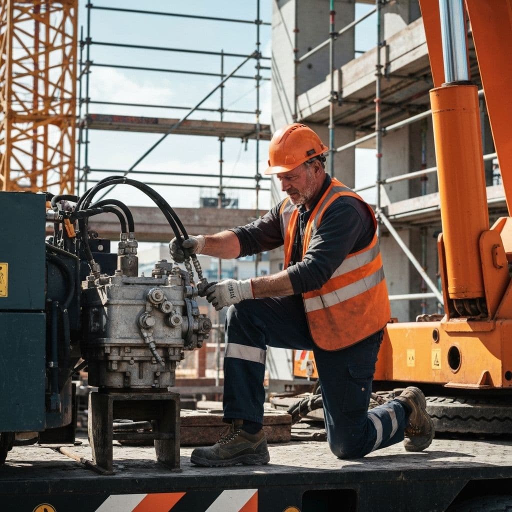 Mobile crane service technician working on hydraulic equipment repair